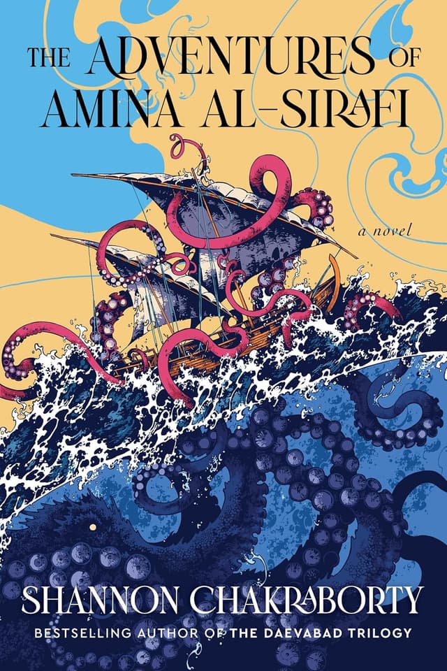 The Adventures of Amina al‑Sirafi audiobook cover - A retired pirate captain gets dragged back to sea for one last job: rescue a vanished girl, outwit a charming demon ex, and stop a Frankish sorcerer from weaponizing an ancient lunar relic. It’s funny, ferocious, and full of salt and stars.